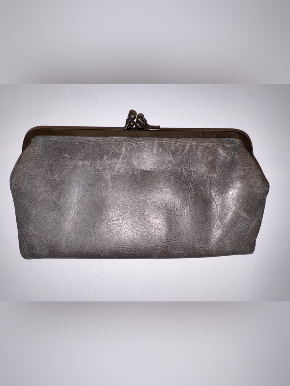 Stress Vintage Grey Genuine Leather Double Kiss-Lock Clutch Wallet